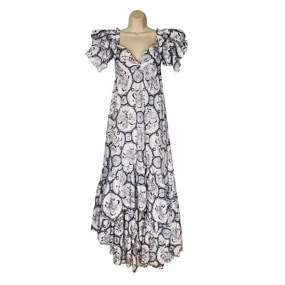 Andres Otalora Raquira Off The Shoulder Printed Cotton Maxi Dress Blue Size 6